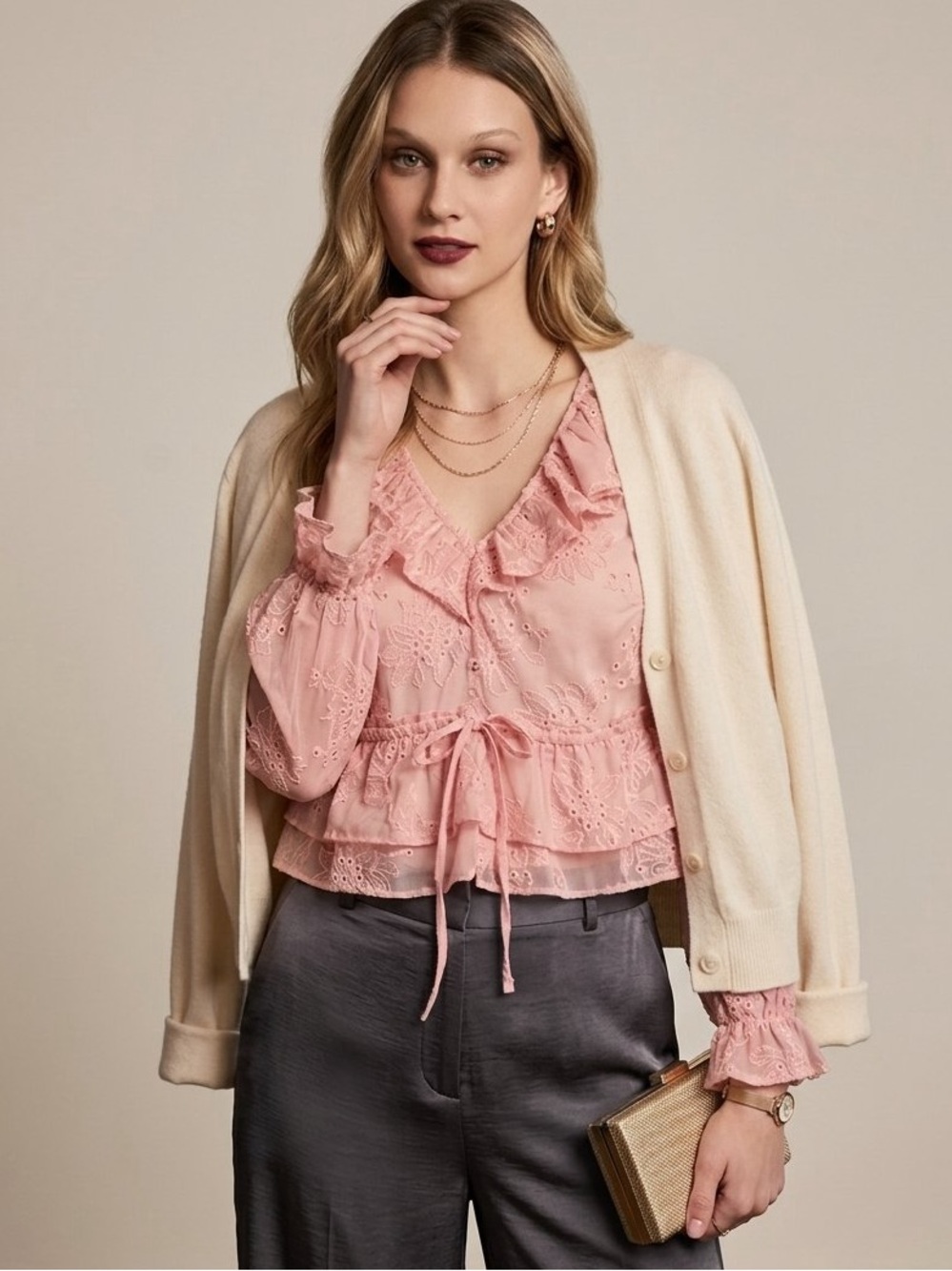 Pink Embroidered Ruffled Tiered Tie-Front Crop Top Blouse • Medium • NWT